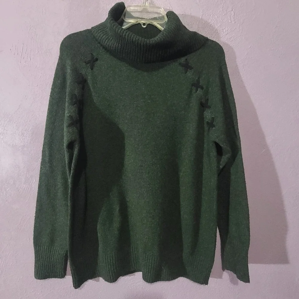 Keren Hart Forest Green‎ Cowl Neck Sweater Cross Stitch Detail Raglan  Large